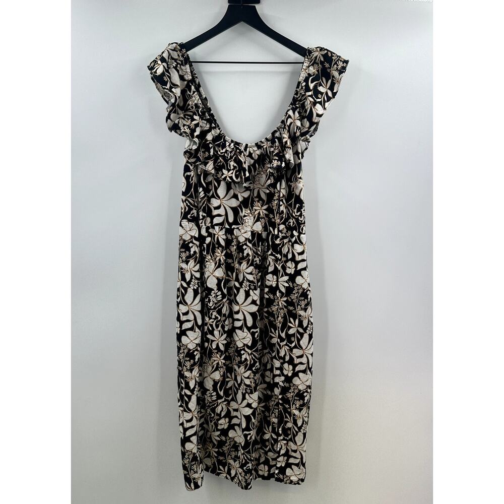 Ava & Viv 1X Black and Tan Floral Linen Blend Midi Ruffle Dress